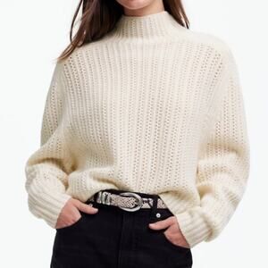 Madewell Pointelle Stitch Mockneck Sweater Heather Ivory Merino Wool Medium